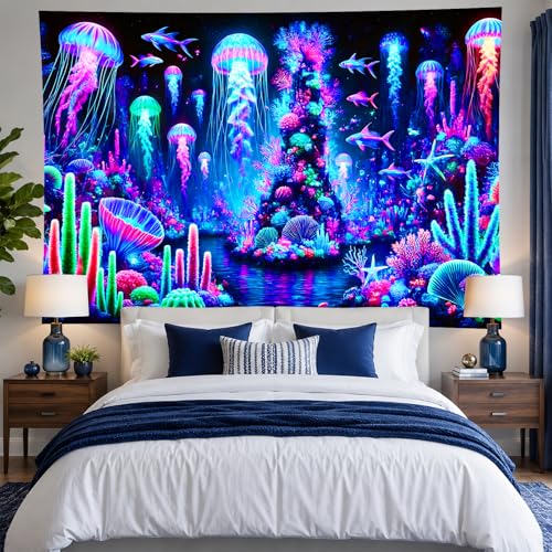Image of BlissYard Blacklight Tapestry Jellyfish Ocean Decor 78x59 Inch Neon Underwater Glow in Dark Backdrop Blacklight Tapestry Psychedelic Coral Reef Scene for Bedroom Wall Hanging Party Room Sea Art