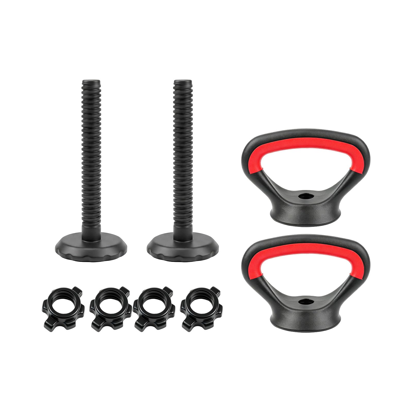 Mango Ajustable para Pesas Rusas – Asa de Kettlebell Portátil Compatible con Discos Estándar, Antideslizante y Ahorra Espacio – 2 Piezas Negro y Rojo