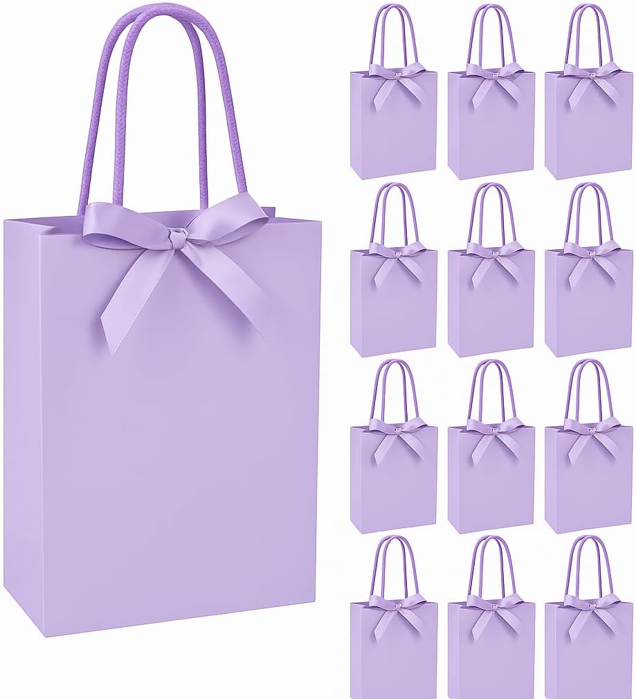 GloPack&Mail Purple Gift Bags with Ribbon – 12 Pack Lavender Paper Gift Bags, Reusable Heavy-Duty Party Favor Bags for Birthdays, Weddings, Baby Showers, Holidays, and Thank You Gifts (Lavender, 8x4x9.5)