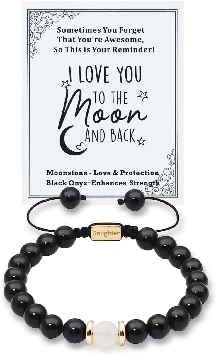 Black Onyx Moonstone Healing Crystal 8mm Beads Braided Bracelet I Love You to the Moon and Back Gift for Men Women