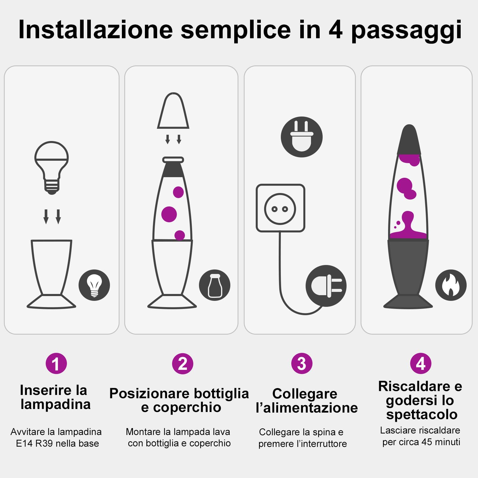 Lampada Lava 34 cm Viola e Gialla – Lampada a Lava Retrò Decorativa – 2 Lampadine R39 25W E14 – Luce d’Atmosfera Rilassante per Camera e Soggiorno, Idee Regalo