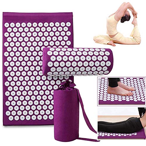 Ouguan acupressuurmat set incl. acupressuurmat + kussen + tas, massagemat ter verlichting van rug- en nekpijn, violet