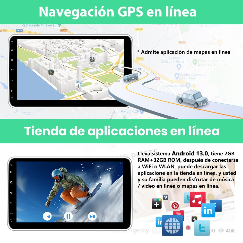 Android 13 2GB+32GB 1 DIN Radio Coche Universal con Pantalla Táctil y Giratoria de 10 Pulgadas, con CarPlay/AndroidAuto/Mirror Link, WiFi/GPS/Bluetooth/RDS/USB/FM/Mandos del Volante