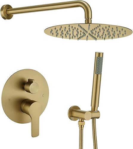 Iriber Sistema de ducha dorado cepillado montado en la pared grifo mezclador con cabezal de ducha de lluvia de 10 pulgadas y mano, kit de molduras