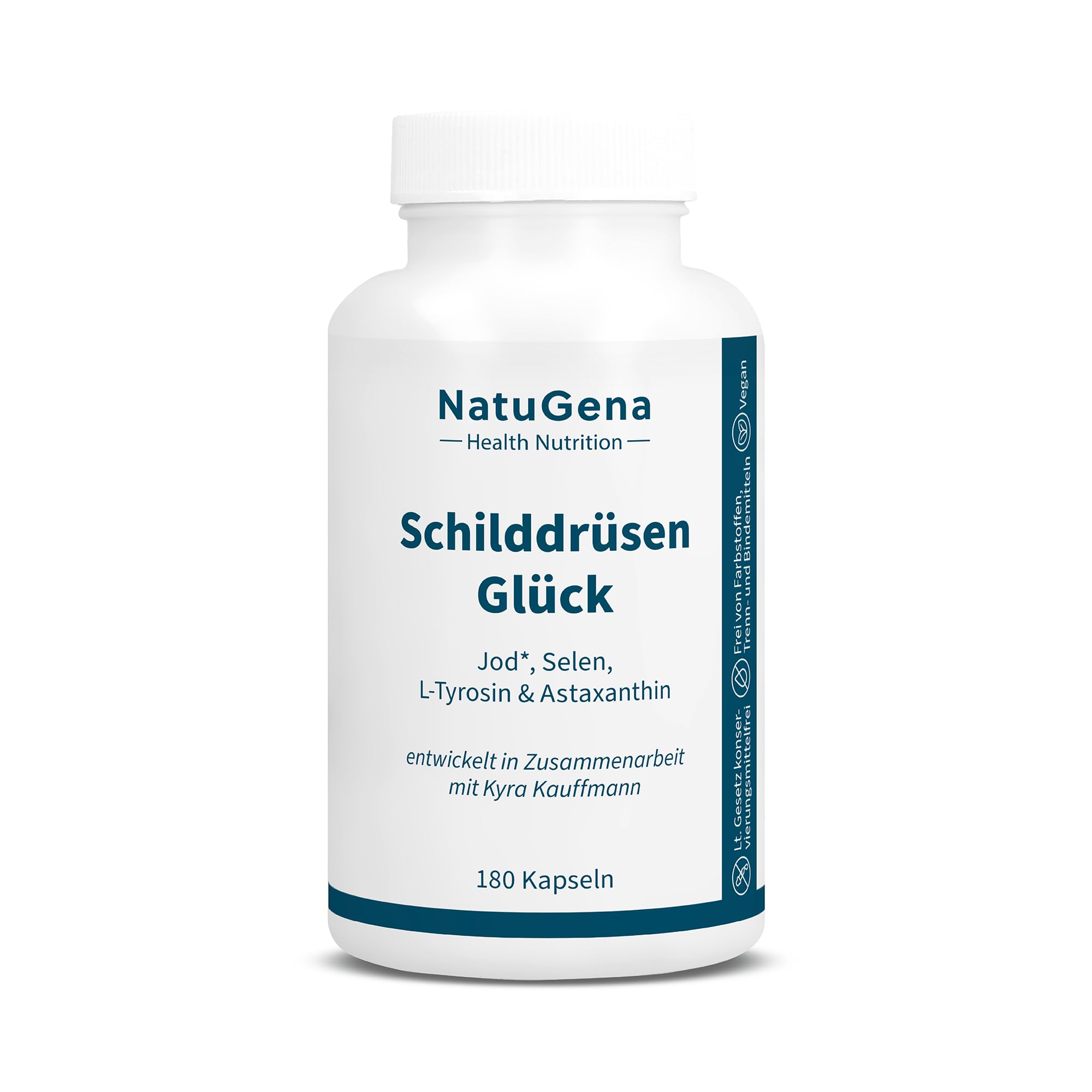 NatuGena SchilddrüsenGlück, 250 μg Jod & 100 μg Selen, 250 mg L-Tyrosin & 1 mg Astaxanthin pro Kapsel, 180 Kapseln (6 Monats Packung)