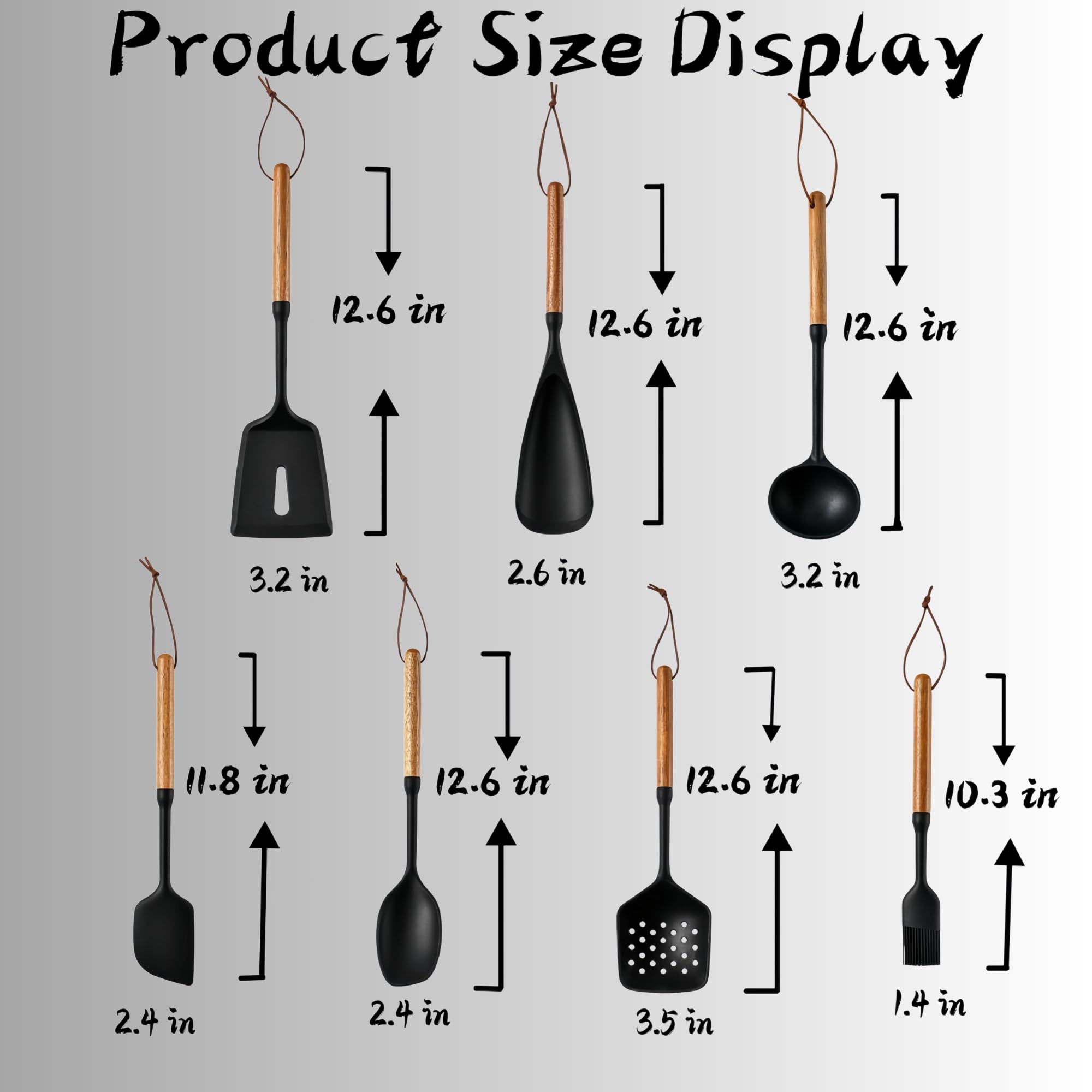 Squisito set di utensili da cucina in silicone, atossici, resistenti al calore, con manici in silicone per uso alimentare e legno, include spatola e cucchiaio per pentole antiaderenti, nero