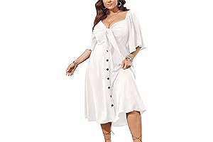 Plus Size White Summer Dress Casual Short Sleeve Bow Tie Deep V...
