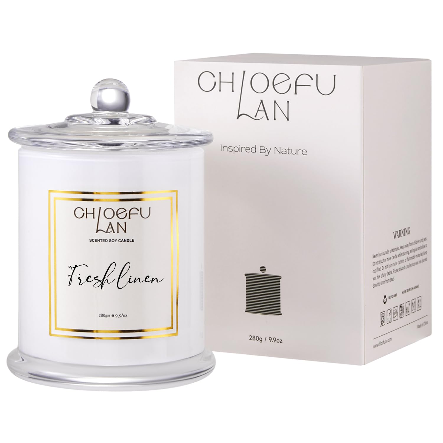 Chloefu LAN White Linen Candles, Luxury Scented Soy Jar Bathroom Candle, Highly Fragranced, Odor Eliminating Candles for Home, Air Freshing Soy Candle, White Glass Jar, Essential Oils, 75 Hours 10 oz