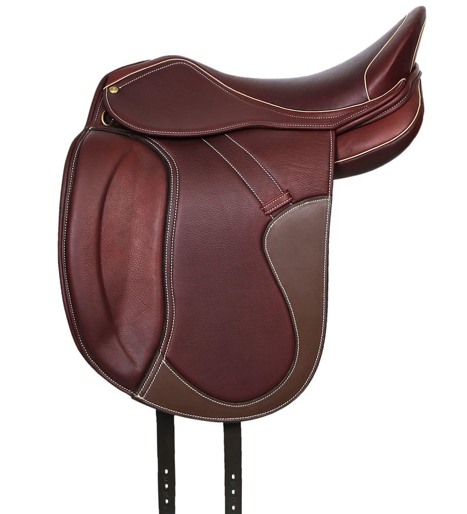 A&M Reitsport Selle de dressage 1146 en cuir, tête interchangeable, arbre en polyflex, marron/beige, taille : 17,5"