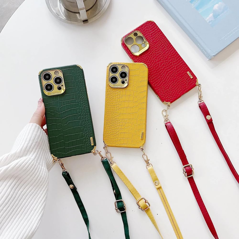 Pasek na szyję, smycz, skórzany wzór, etui na telefon, do iPhone'a 15 14 13 12 11Pro Max Xr Xs 7 8 Plus X, zielony, do iPhone'a 14