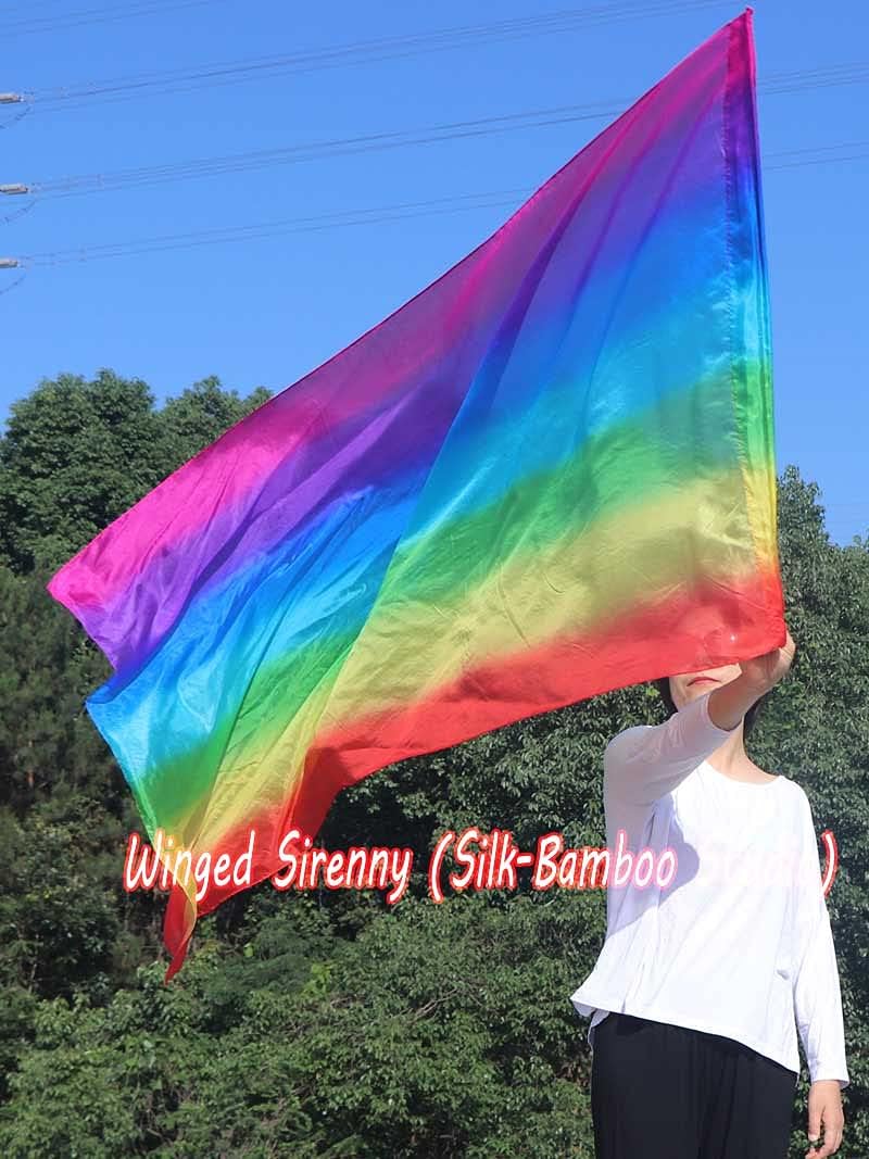 Winged Sirenny 70" Silk Worship Flags with Flex Rods, Handpainted Feather Light Fluid Translucent Silk Banner (Rainbow plus)