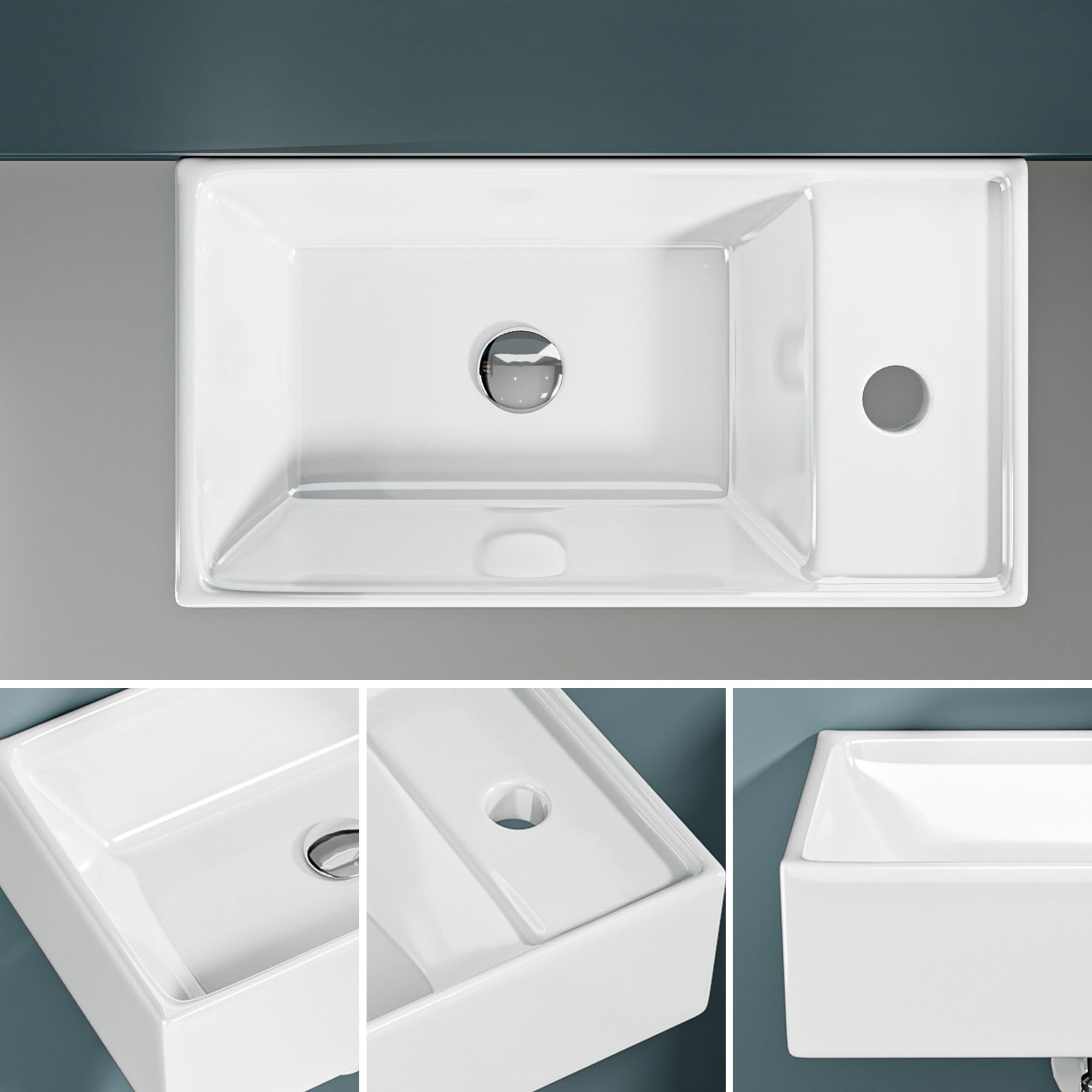 Lavaplatos de mano con borde de salida recta, 41,5 x 22 x 10 cm, lavabo de cerámica blanca brillante, ideal para inodoros y baños de agua, diseño moderno y elegante