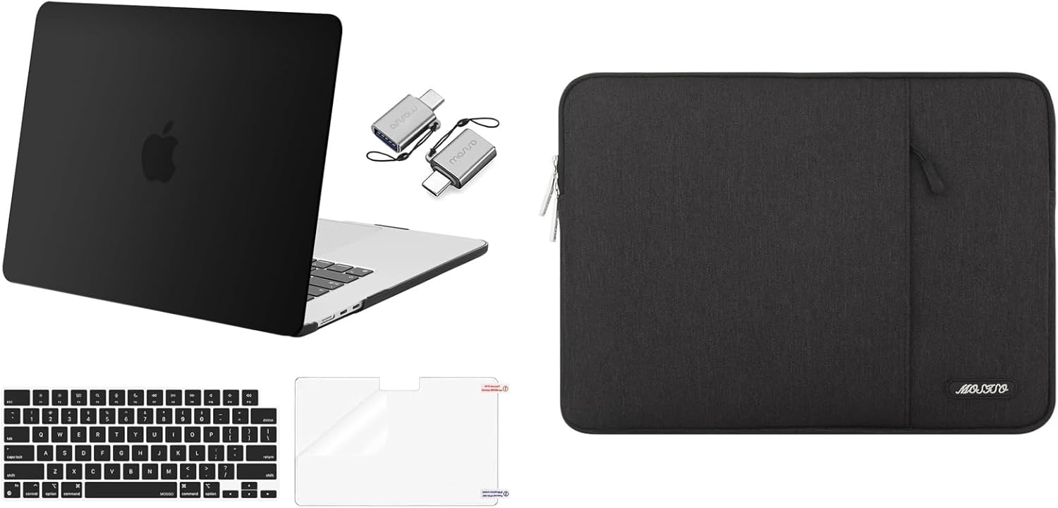 MOSISO Compatible with MacBook Air 15 inch Case 2023 Release A2941 M2, Plastic Hard Case&Vertical Sleeve Bag with Pocket&Keyboard Skin&Screen Protector&Type C Adapter 2 Pack, Black
