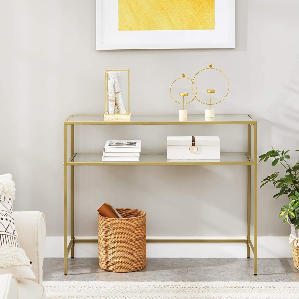 VBChome Table console 100 x 35 x 80 cm, 2 compartiments, doré, cadre en métal, verre trempé, salon, chambre à coucher, table d'appoint, pieds réglables, étagère de rangement 100 x 35 x 80 cm, 2
