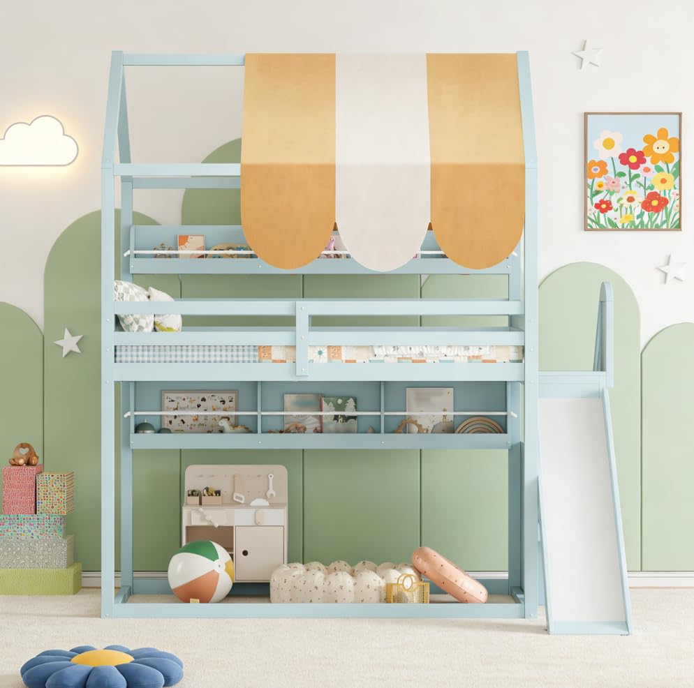 Image of Bellemave Bunk beds Full Over Full with Slide and Stair and Bookshelf House roof Design, Low bunk /loft Bed for Kids,Light Green