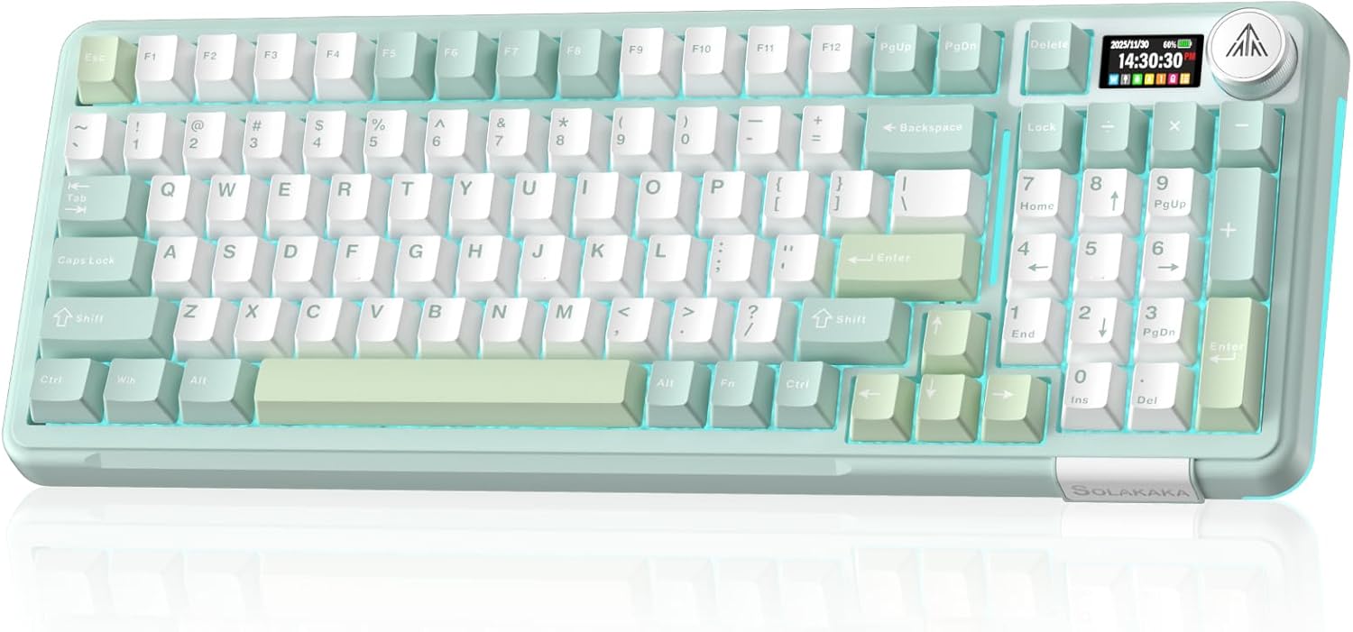 SOLAKAKA A99 Pro Wireless Mechanical Keyboard with BT5.0/2.4GHz/USB-C, LCD Screen & Metal Knob, Gasket-Mounted Gaming Keyboard, Full Hot-Swappable, RGB Creamy Keyboard for Win/Mac