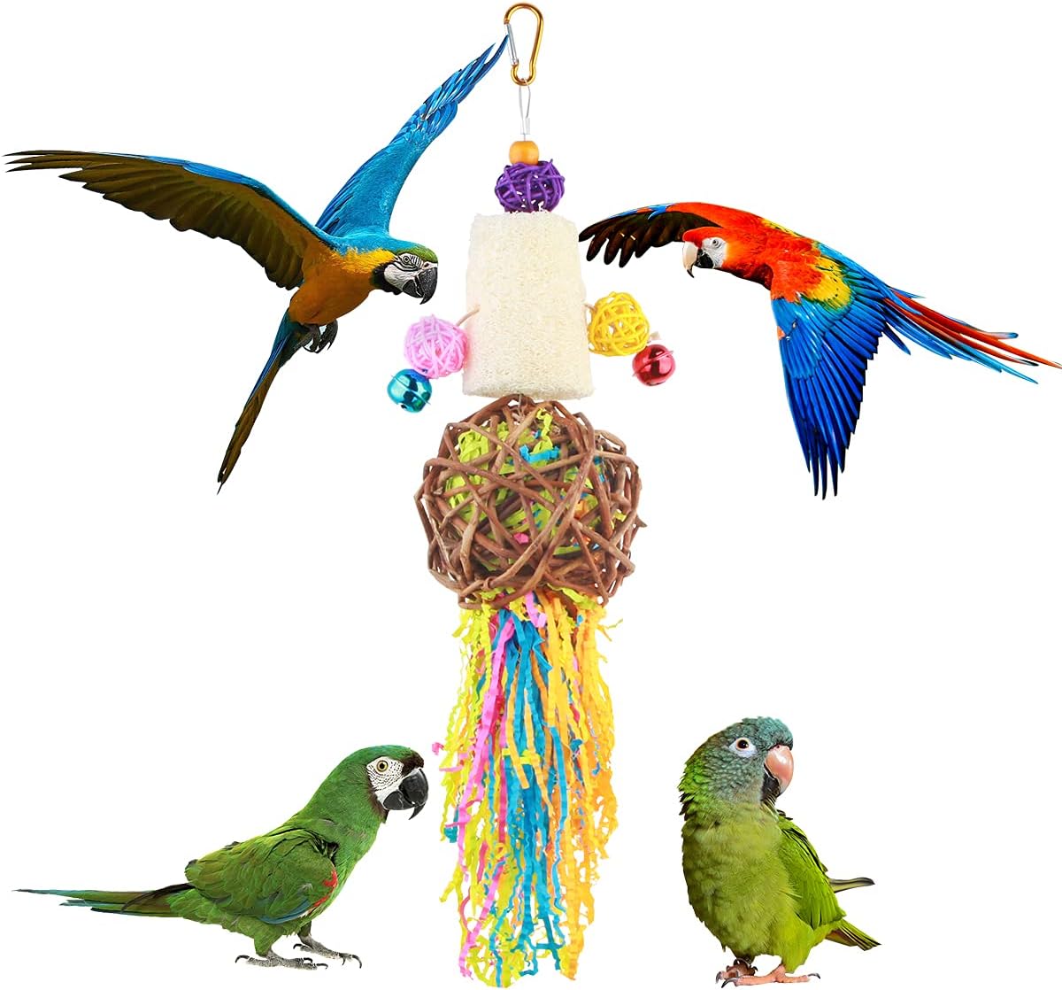 3-Piece Bird Toy Set - Hanging Chew Toys With Wooden Balls & Bells For Parrots & Budgies