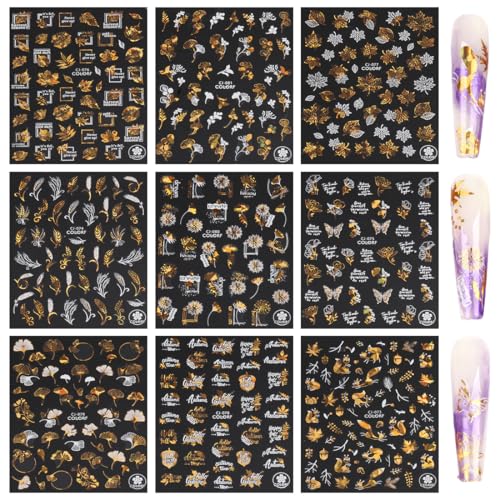 9 Foglie Adesivi per Unghie con Foglia D'acero Autunnale, 3D, Adesivi per Unghie Autunnali, Decorazione Fai Da Te, Decorazione per Manicure