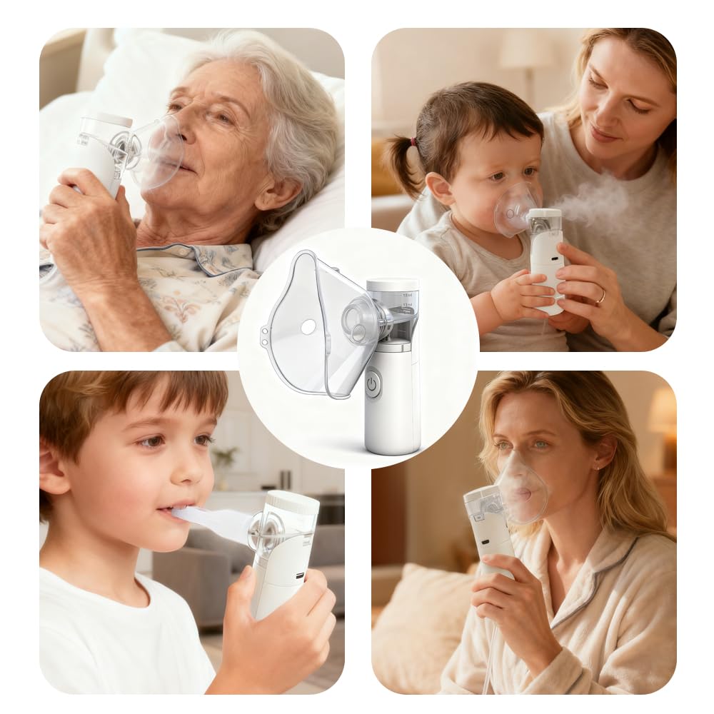 Nebulizador portátil silencioso recargable,atomización y absorción eficientes, adecuados para adultos y niños,accesorios con 2 máscaras y 1 boquilla,uso familiar y viajes (Blanco)