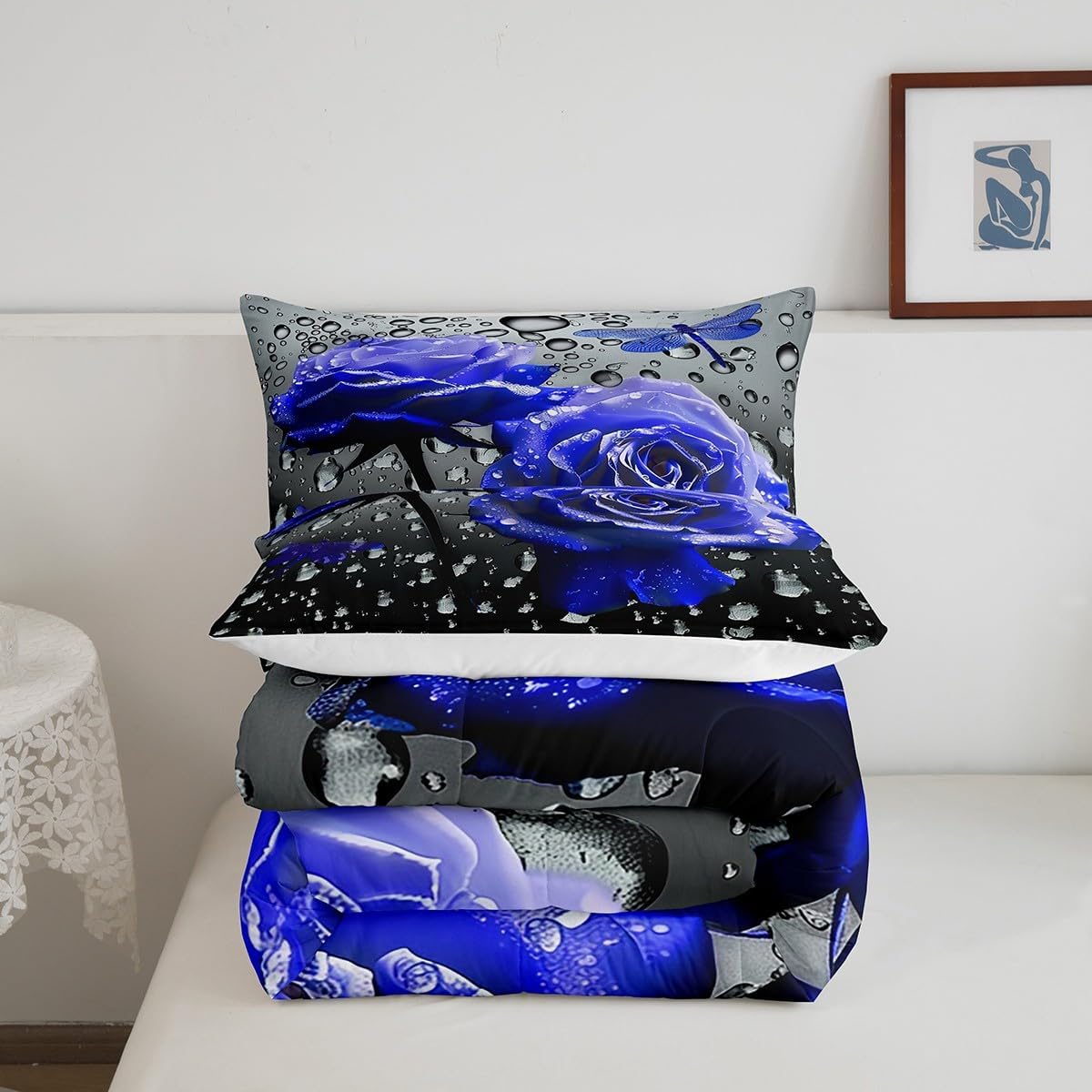 Erosebridal Dragonfly Queen Comforter Set Blue Rose Bedding Set Dragonfly Decor,Floral Rustic Flowers Quilt Dragon Fly Gifts for Mom,Aesthetic Animal Farmhouse Decor Dragonfly Gifts for Women