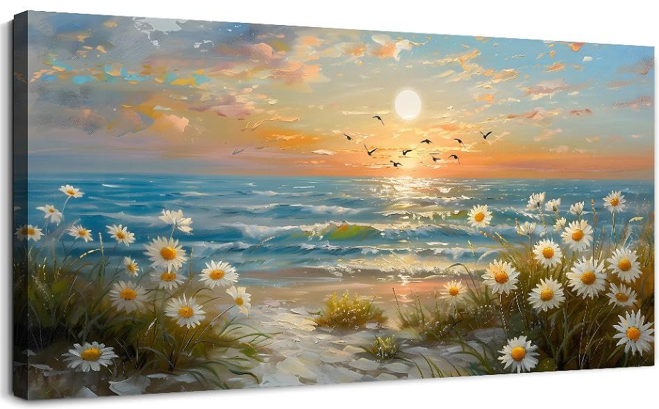 hyidecorart Canvas Wall Art for Living Room Large, 30"x60" XXL Daisy Seagull Pictures Prints, Sunrise on the Coast Bedroom Decor Aesthetic, Modern Wall Decorations for Office Bathroom Dining Room โ image 1