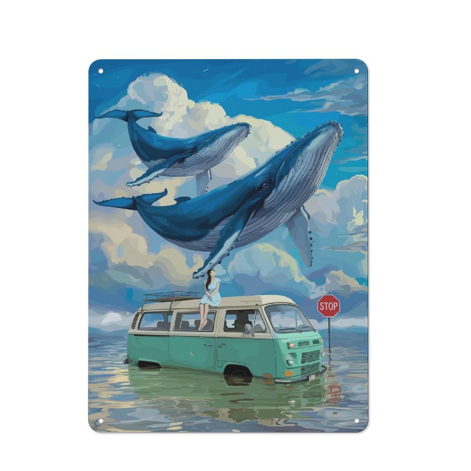 Tin Wall Plaque 40x30cm with Whales Over Van for Pub Or Café, for Hospitality Wall Decor Collectors