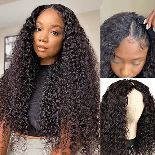 CLASSINE V Part Wig Human Hair Water Wave No Leave Out Brazilian Glueless Curly Wave Upgrade U Part V Part Wigs for Black Women Human Hair 150% Density Natural Color 24 INCH