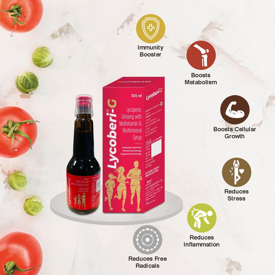 Lycoberi-G Lycopene Ginseng Multivitamin and Multimineral Syrup, 225 ml, help to Improves Stamina Enhances Energy and Supports Immunity Booster (Pack of 1) 3