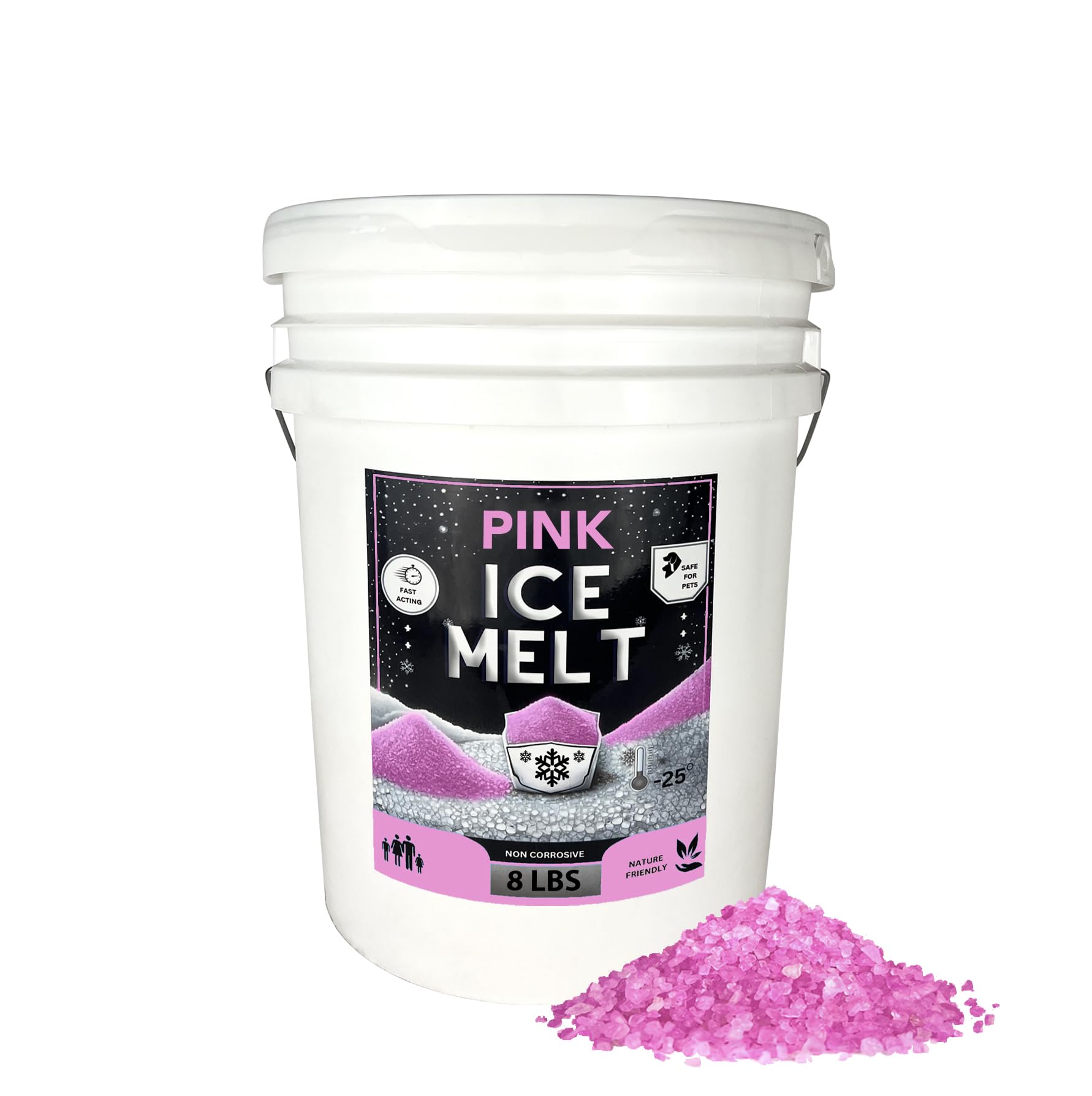 Home and Country USA Pink Ice Melt -25°F Effective, Eco-Friendly De-Icer, Fast-Acting Granules for Driveways, Walkways & Entryways, 8 lb Pail