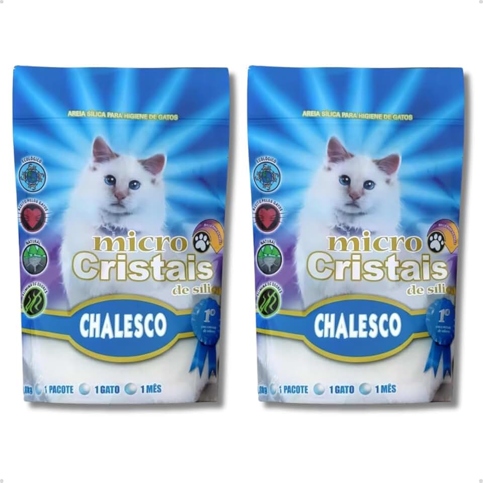 Kit com 2 Pacotes Areia Sílica Micro Cristais para Gatos Chalesco Absorção 100%, Antibacteriano Eliminador de Odores 1,8kg