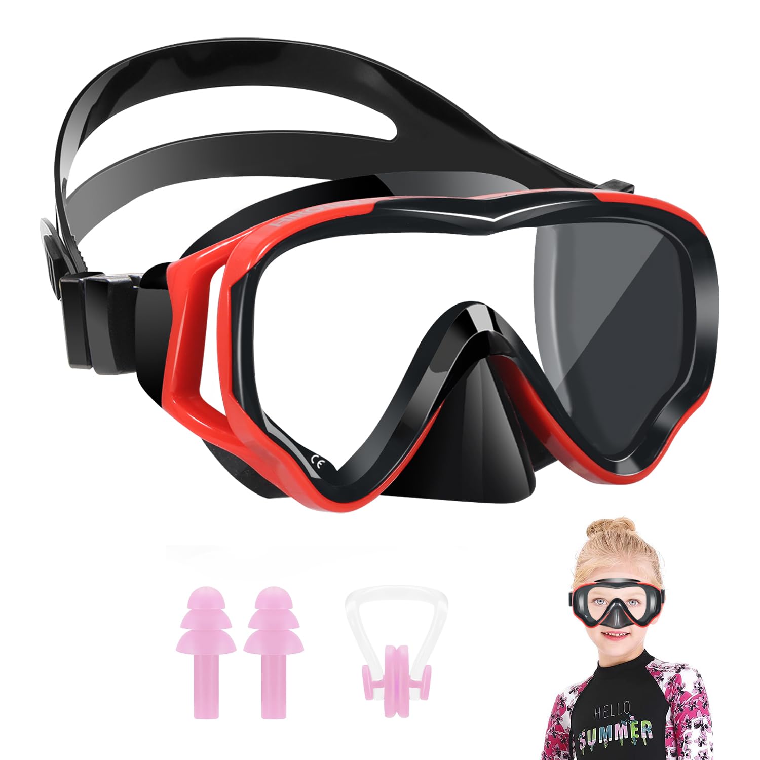 HIKOTEY Snorkel Mask for Kids(4-16 Years),180°Panoramic View Diving Mask With Tempered Glass Lenses,Anti-fog, Anti-leak Technology,Adjustable Silicone Strap,Includes Earplugs and Nose Clip (Red+Black)