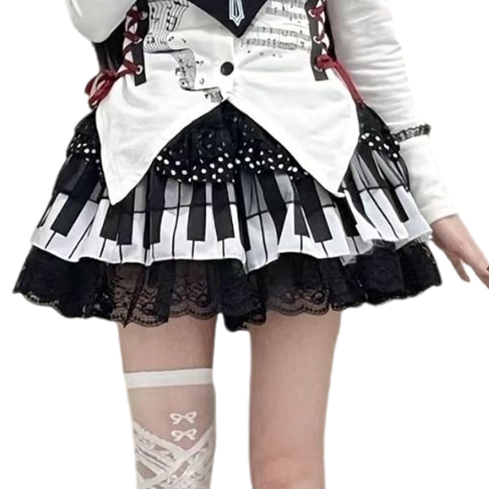 Gonna in pizzo in poliestere elasticizzato con stampa a pois rotonda design dimagrante vita comoda per occasioni casual evento sottoculturale gonna torta, Nero , XXL