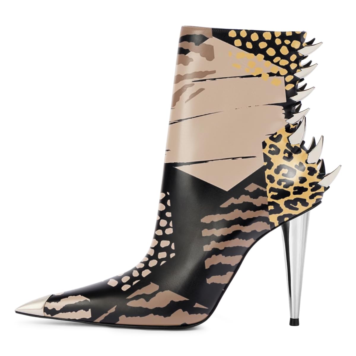 Women Pointed Cap Toe Special Back Spikes Claw Ankle Boots Side Zipper Metallic High Heel Unique Dressy Short
