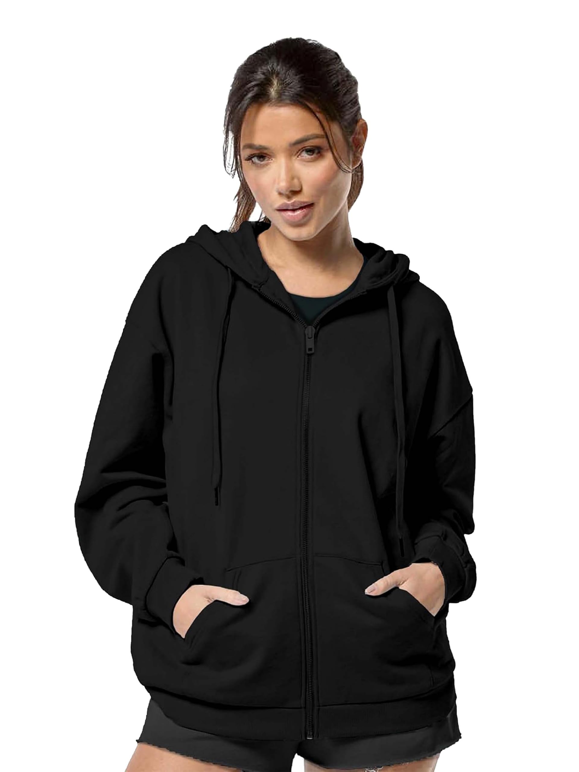 drobe Relaxed Fit Plain Cotton Blend Full Sleeves Hodded Zipper Jacket for Women-picture-13