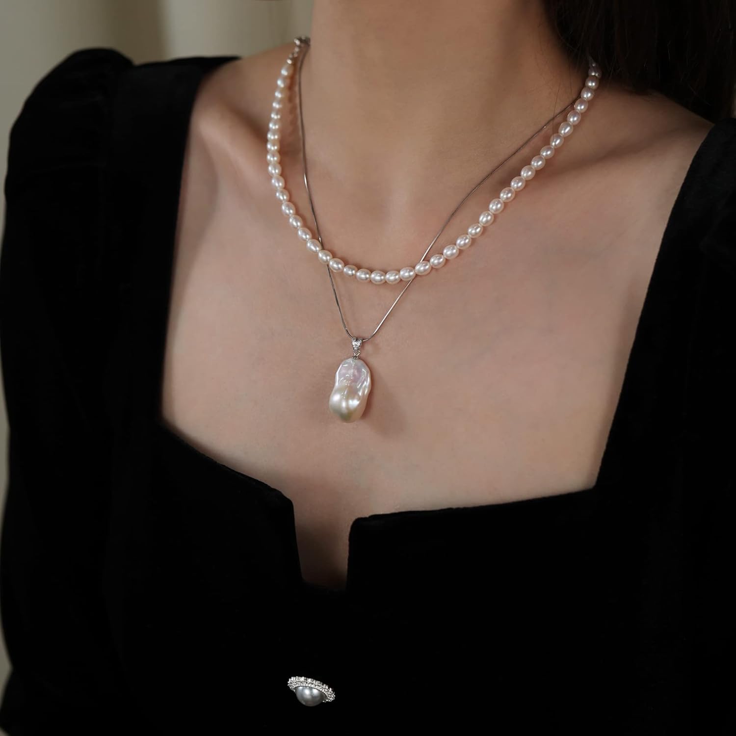 Genuine Baroque Pearl Layered Necklaces; Double Layer Choker Necklace; High Luster Fireball Pearl necklace; White/Purple Metallic color Pearl Necklace; Baroque Pearl Pendant Necklace