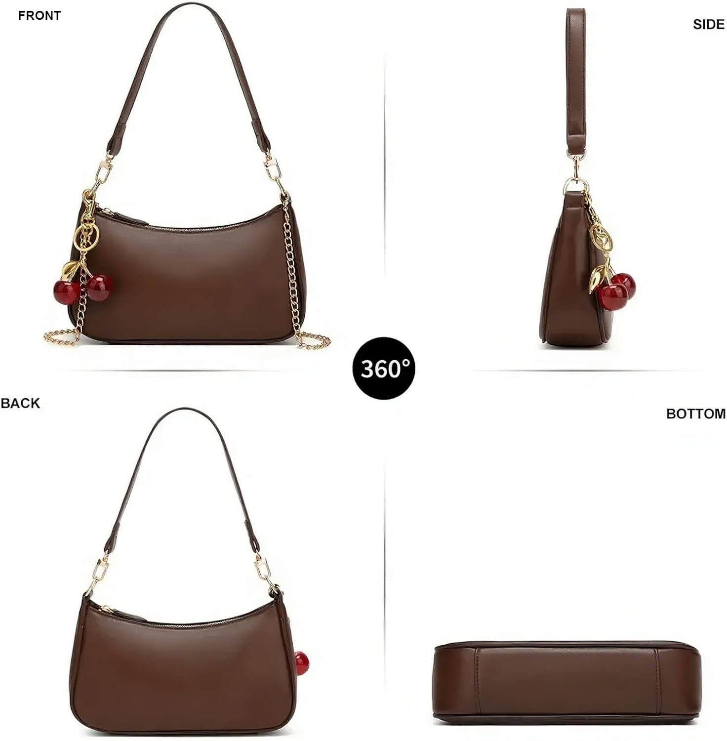 Black Shoulder Bag for Women Cute Hobo Cherry Purse Retro Clutch Underarm Handbag with Removable Straps