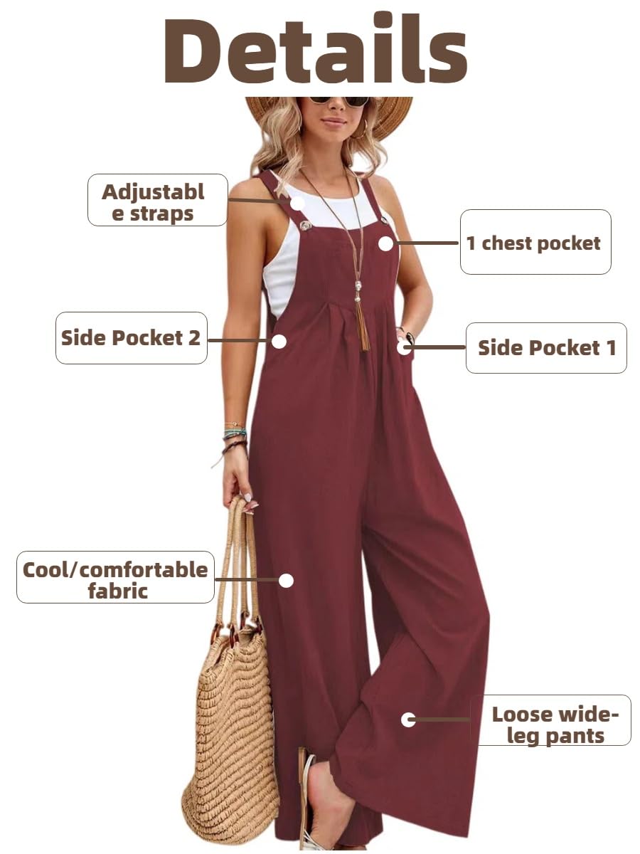 Latzhose Damen Sommer Verstellbare Overalls Trägerhose Beiläufig Loose Hose Bib Pants Lang Elegant Retro Loose Breite Beine Jumpsuit Overall Dungarees Hosen mit Taschen