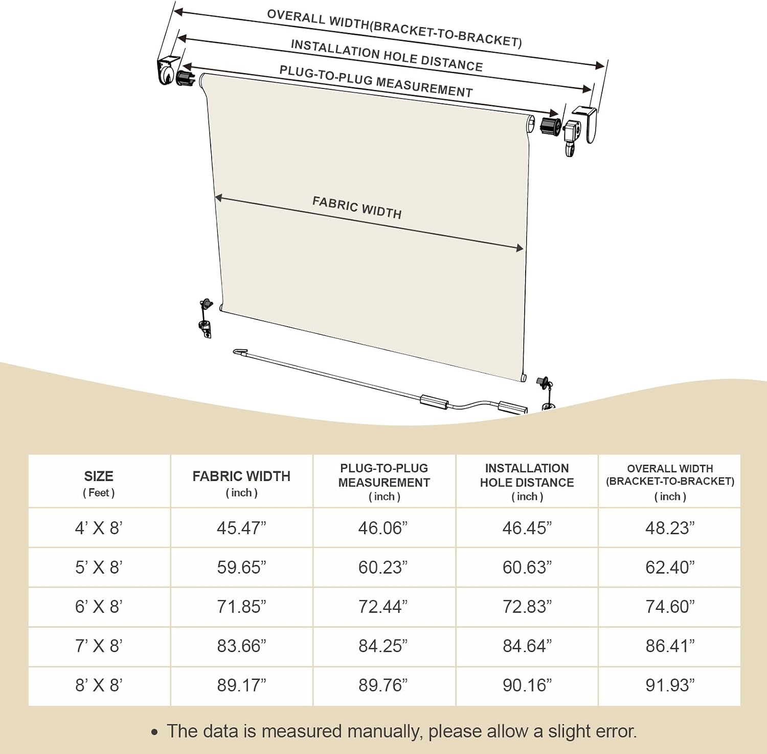 Aoodor 5% Openness Cordless Solar Fabric Roller Shade, 6'W x 8'H Sun Shade for Outdoor Gazebo Pergola Porch Use, 95% UV Protection Blinds, Beige