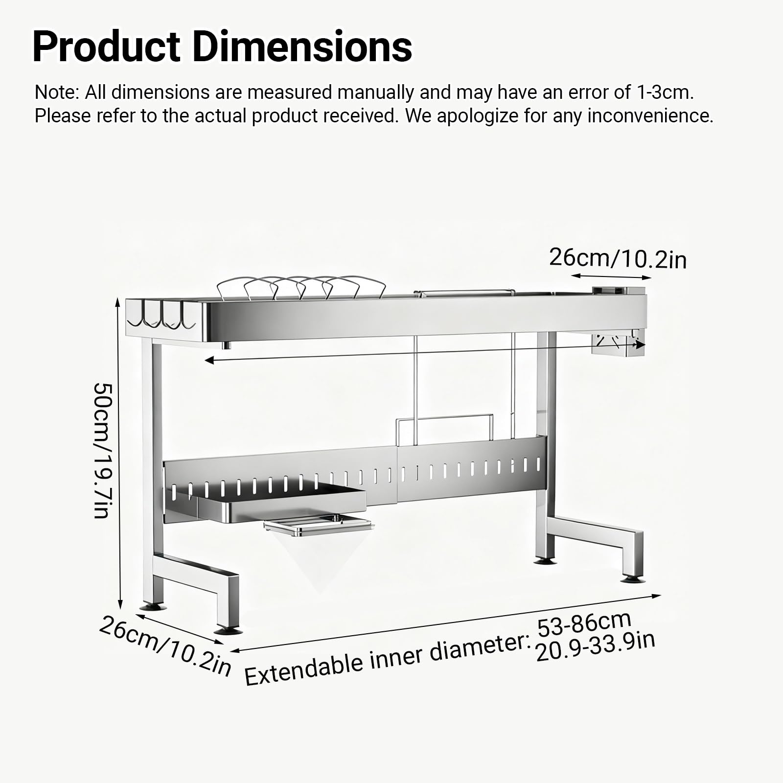 Égouttoir à vaisselle à 2 niveaux en acier inoxydable avec porte-ustensiles, grand égouttoir à vaisselle de cuisine avec compartiment de rangement pour assiettes et plats, 86 cm.