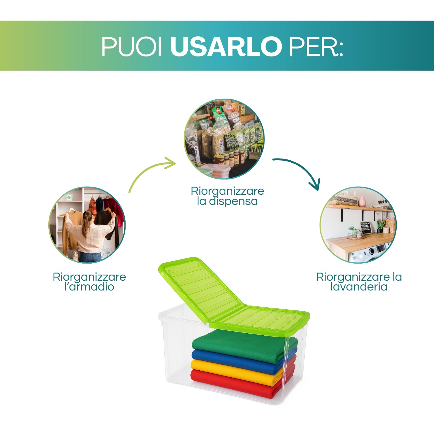 PALUPLUS 3 Contenitori Portabiancheria, misura 57x39x25,7 cm e capacità 41,5 Lt, Box Trasparente con Coperchio Pieghevole, Organizer salvaspazio per Scarpe, Vestiti, Giocattoli -1293C -4,5 (Verde)