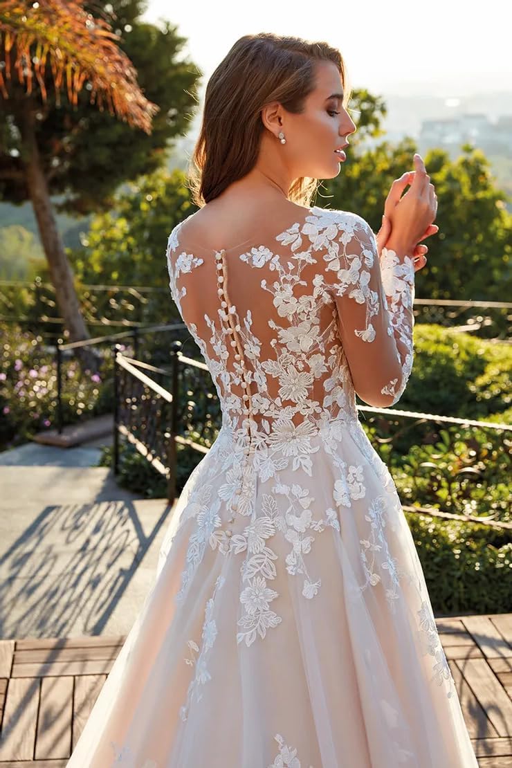 Damen Spitzenapplikationen Blumen Tüll Brautkleider Standesamt A-Linie Boho Strand Prinzessin Hochzeitskleid Mit Schleppe
