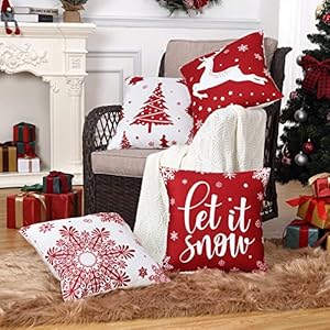 Caromio christmas decorations velvet pillow covers 18×18 inch set of 4 farmhouse outdoor decorative pillows winter holiday decor snowflake xmas tree deer throw cushion covers for sofa couch red  urban country home decor