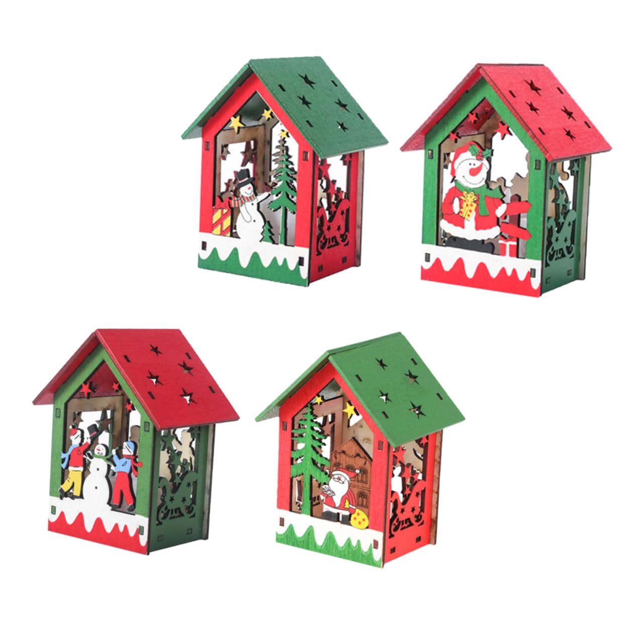 TOPBATHY 2 Set Luminous Xmas Wooden House Pendant Decorative DIY Christmas Tree Ornaments for Festive Home Decor 4 Pezzi * 2