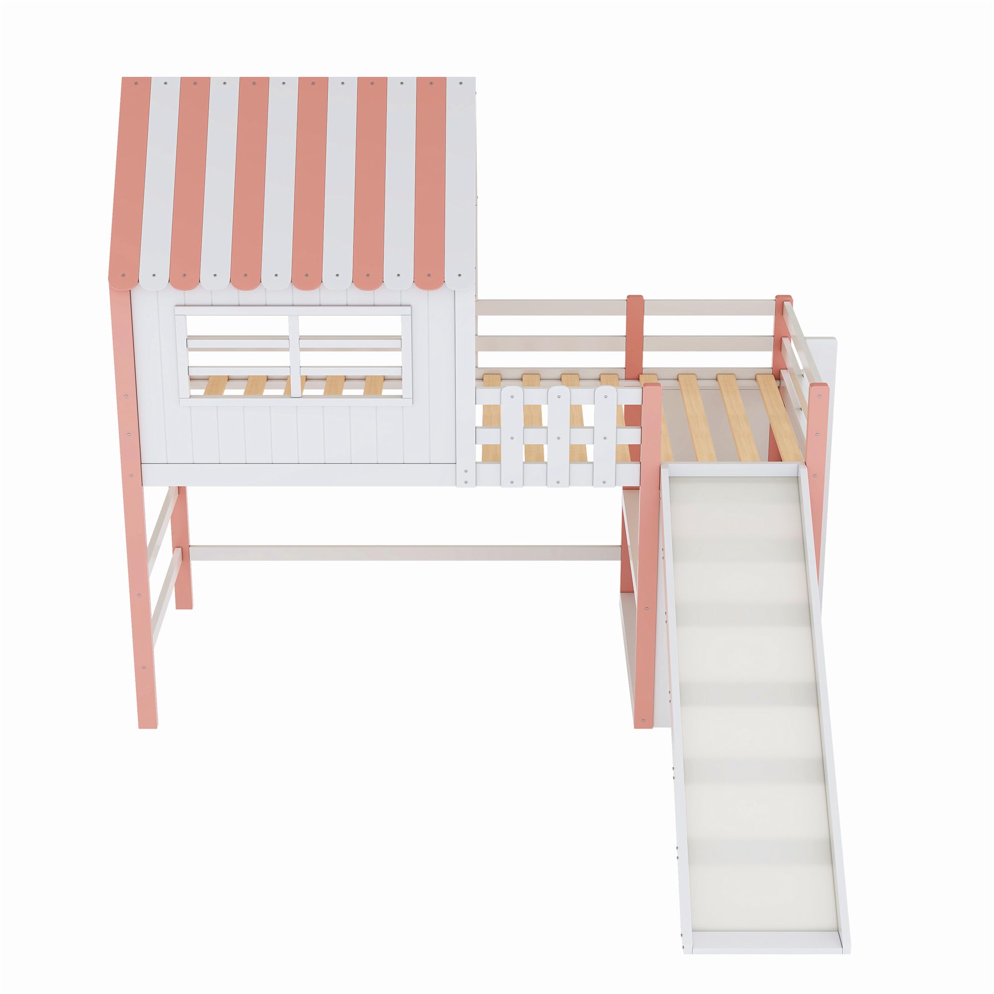 Dolamaní Kinderbett Etagenbett 90x200 cm mit Stauraum Regal und Rutsche, Hochbett mit Rausfallschutz, Holzbett mit Lattenrost, Hausbett mit Dach eines Hauses ohne Matratze (Rosa)