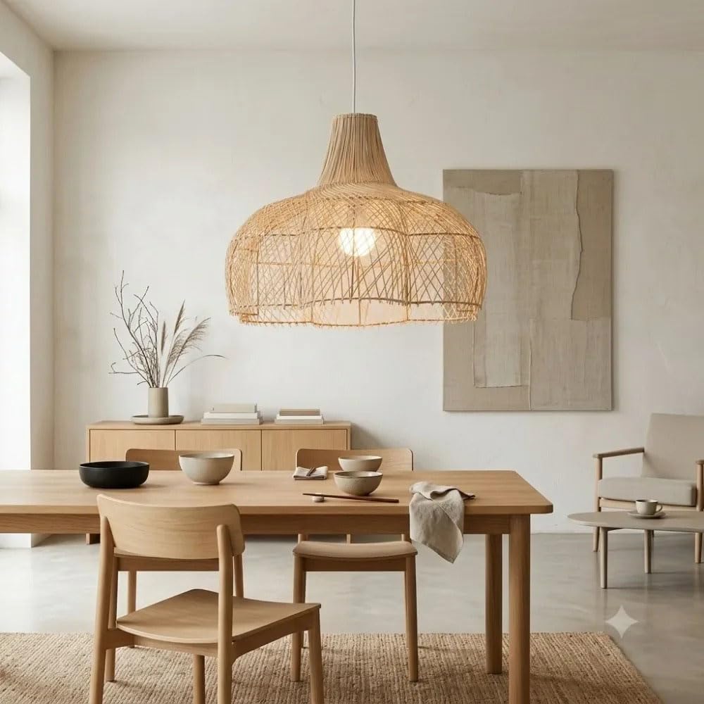 Beżowa Lampa Wisząca, 23,62-calowa Pleciona Lampa Wisząca Do Kuchni, Wyspy, Jadalni, Sypialni I Przedpokoju, Lampa Wisząca W Stylu Boho Z Rattanu W Stylu Rustykalnym, Regulowany Przewód, Sufit Skośny