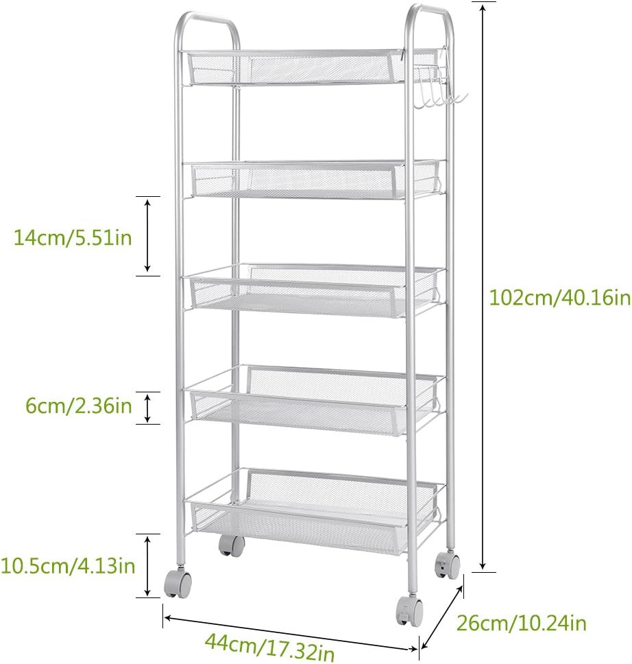 Zanflare 5-Tier Metal Mesh Rolling Cart, Kitchen Rolling Utility Cart Trolley Storage Cart Organizer with Wheels, Wire Basket Shelf for Classroom Kitchen Office, 40.2'' Height with 5 S Hooks