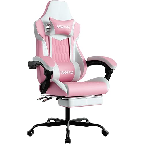 Gaming Chair with Footrest, High Back Gaming Chairs PVC Leather Ergonomic Gamer Chair with Adjustable Headrest Lumbar Support Racing Style Video Gaming Chair for Office/Home (Pink)