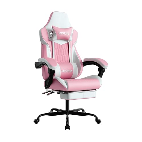 WOTSTA Gaming Chair with Footrest, High Back Gaming Chairs PVC Leather Ergonomic Gamer Chair with Adjustable Headrest Lumbar Support Racing Style Video Gaming Chair for Office/Home (Pink) - Pink Princess