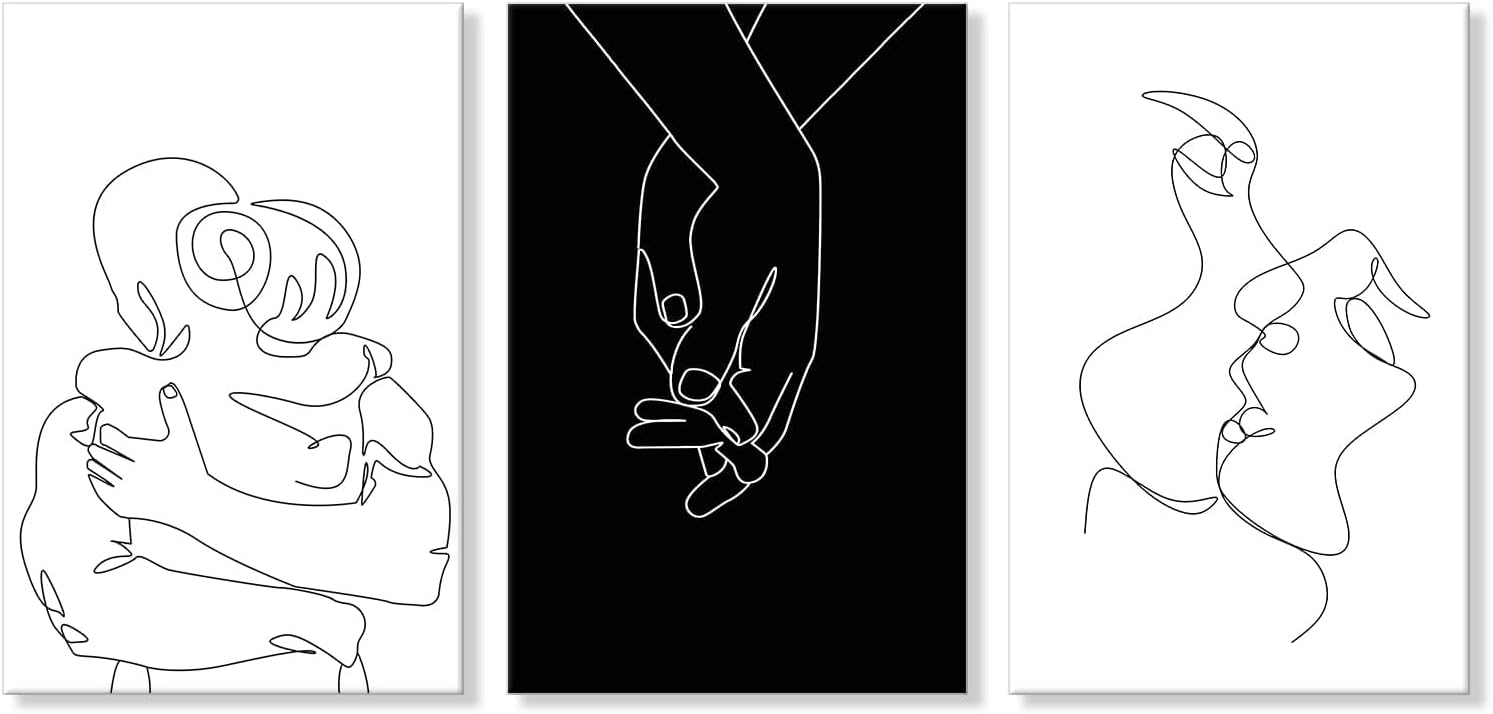 Minimalist Black and White Canvas Wall Art Love Painting for Couples Bedroom Line Drawing Art Poster Prints Framed Artwork Pictures Bathroom Living Room Wall Decor Ready to Hang Minimalist art 16x24 Inchx3Pcs
