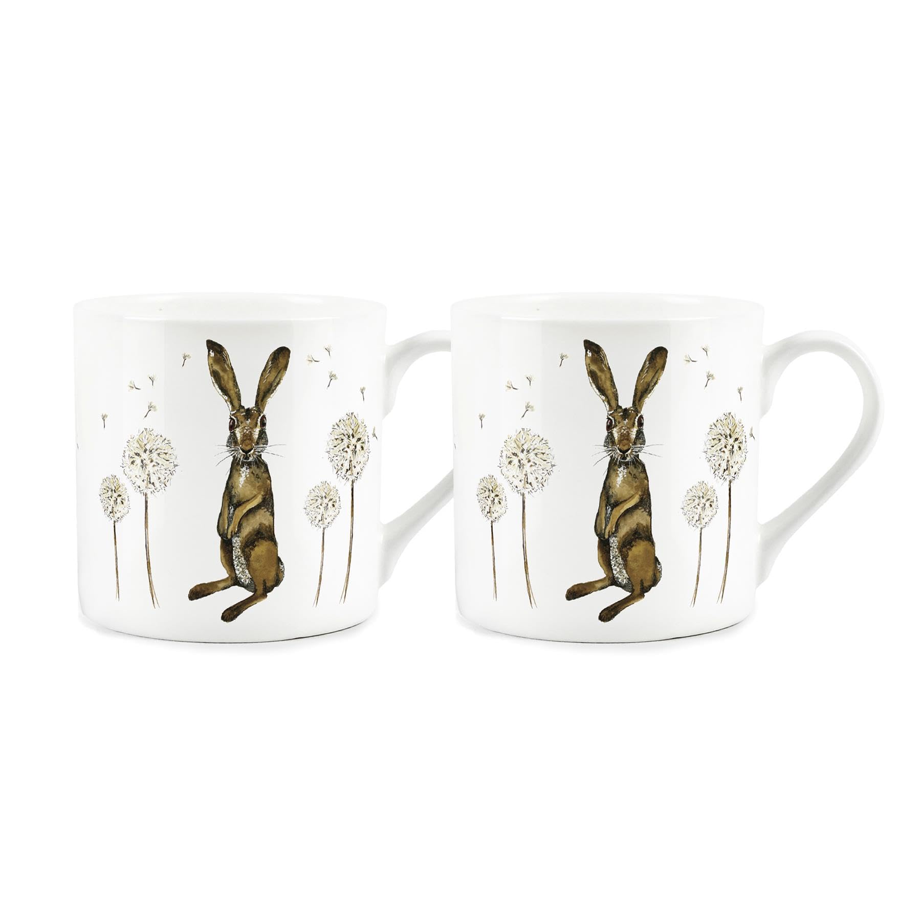 Purely Home Hares and Dandelions Mug Set - Nature Animals Floral Design by Rhiannon Chauncey - Bone China Tea/Coffee Cups Set of 2